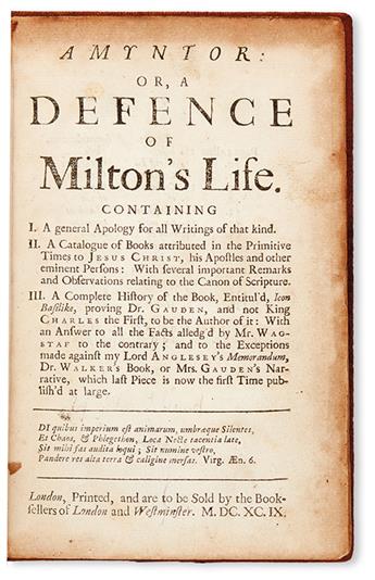 [TOLAND, JOHN.]  Amyntor; or, A Defence of Miltons Life.  1699